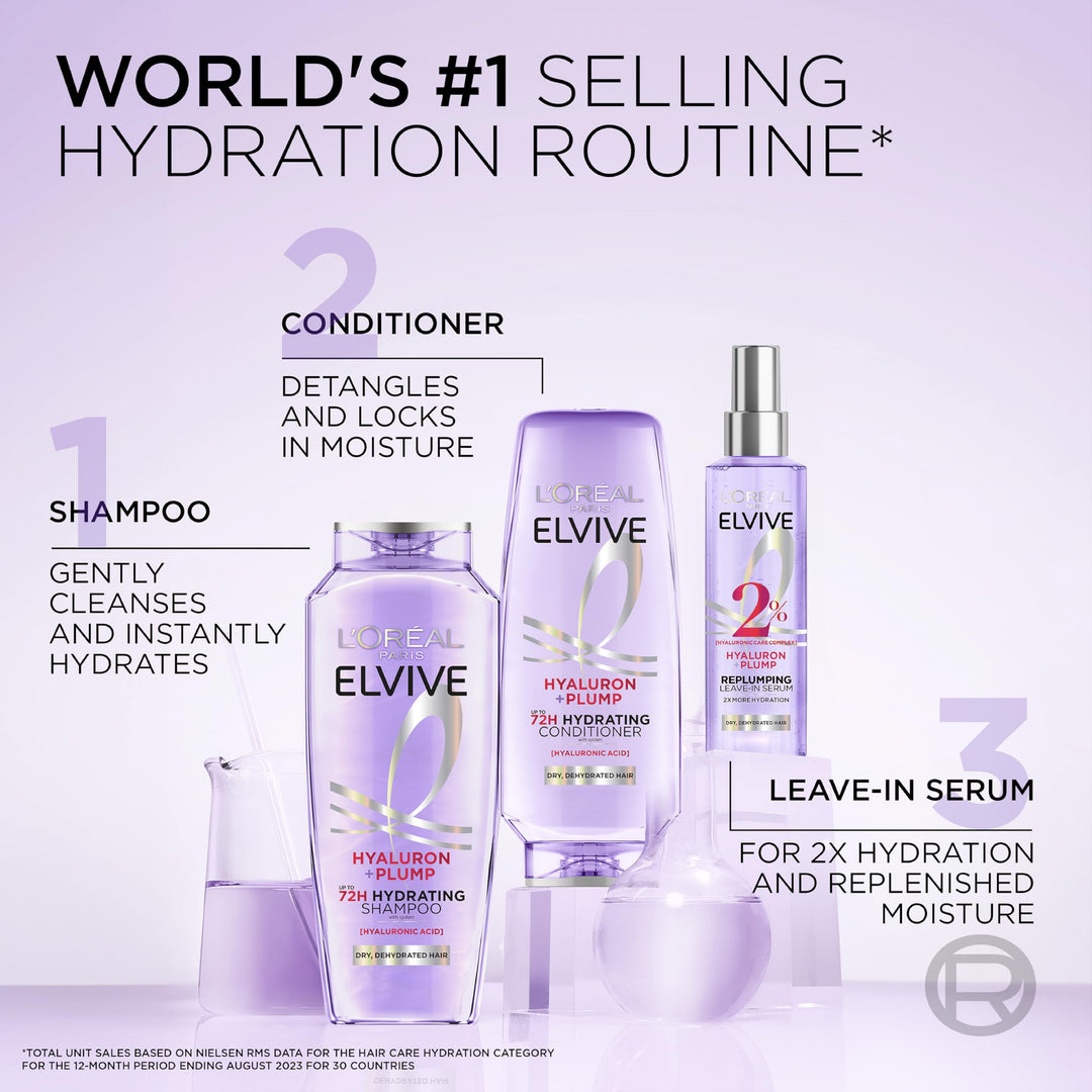 L'Oreal Paris Elvive Hyaluron Plump Moisture Plump Hair Serum for Dehydrated, Dry Hair with Hyaluronic Acid Care Complex, Paraben-Free, 4.4 Fl Oz