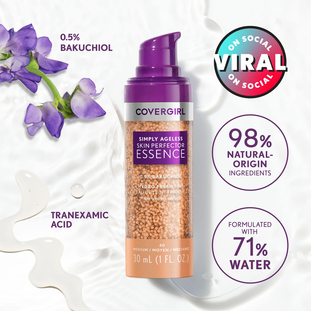 Covergirl Simply Ageless Skin Perfector Essence Foundation, 50 Medium-Tan, Tinted Skincare Makeup Hybrid, Sheer Tint, Radiant Finish, Glowy Finish, Vegan Formula, 1.0oz Retail $21.49