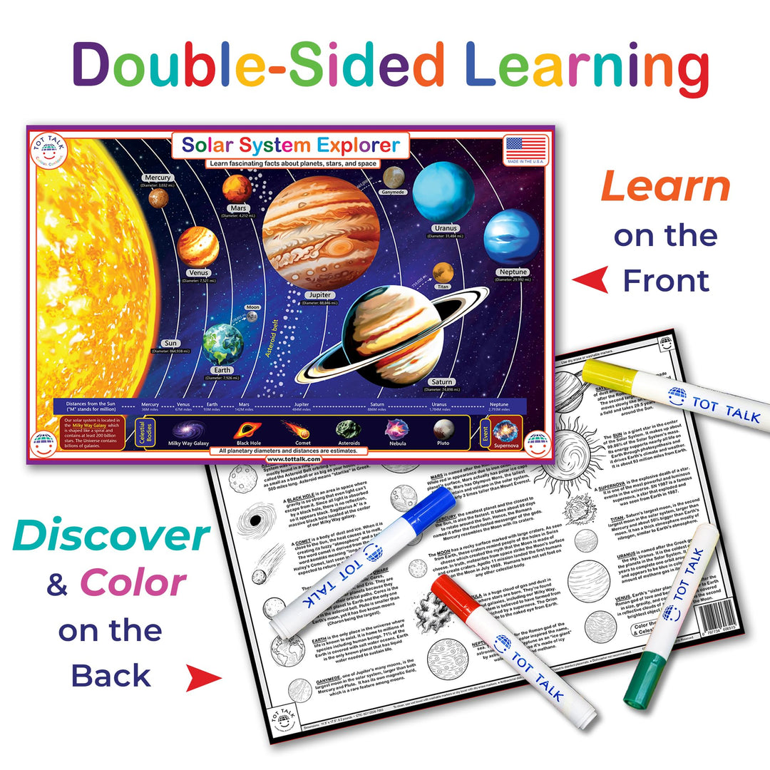 Tot Talk Solar System Explorer Educational Placemat for Kids - Double-Sided, Waterproof, Wipeable - Made in USA - Learn Planet Names and Facts, Front and Back Activities - 11.5" x 17.5" Retail $5.00