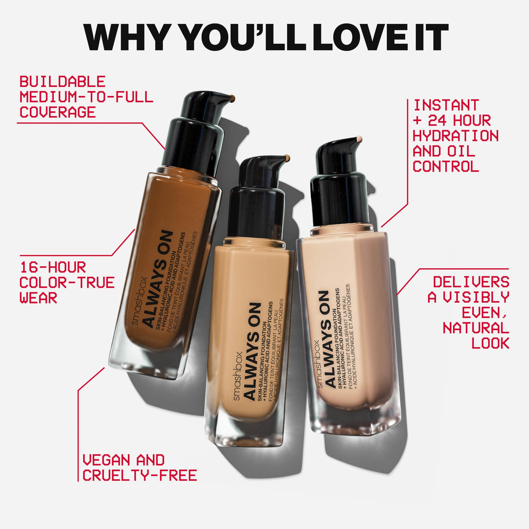 Smashbox Always On Skin-Balancing Foundation | Medium-To-Full Coverage Foundation | Hyaluronic Acid with a Natural-Looking, Second-Skin Finish, 1 Fl Oz, L30N