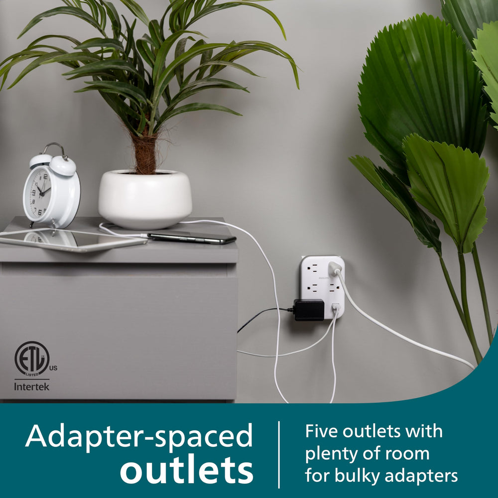 Philips EZFit 5-Outlet Extender Wall Tap with Surge Protection, Grounded Adapter, Charging Station, 3 Prong, 1 USB-A, 1 USB-C, 900J, White, SPP3513W/37 Retail $26.99
