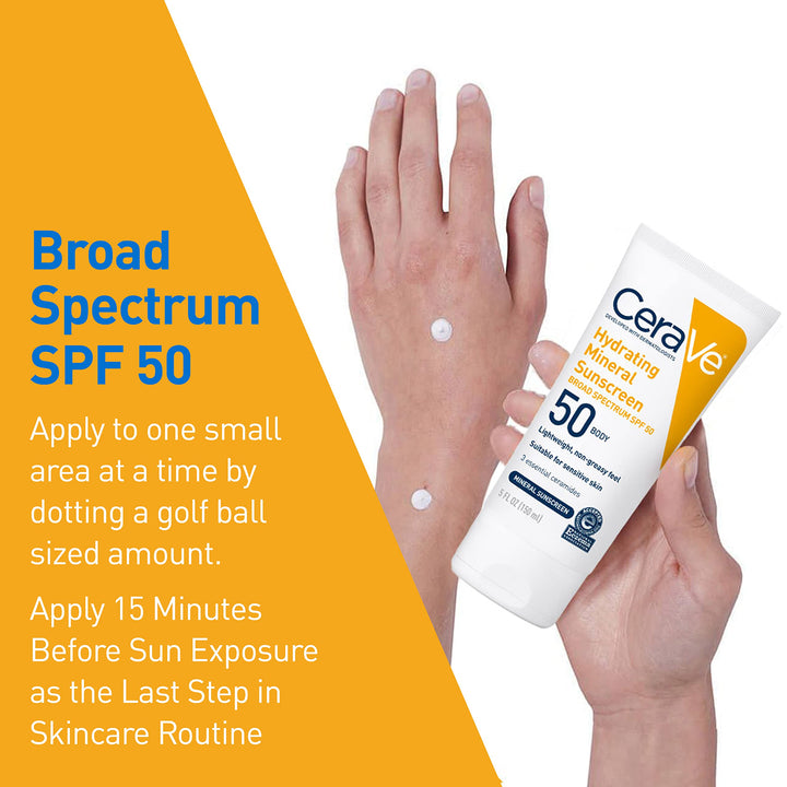 CeraVe 100% Mineral Sunscreen SPF 50 with Zinc Oxide & Titanium Dioxide, Hyaluronic Acid & Ceramides, Oil Free & Non-Greasy, Hydrating Mineral Sunscreen For Body, 5 oz