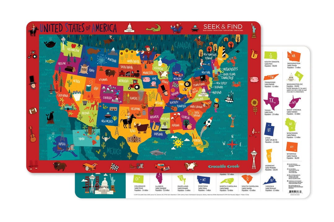Crocodile Creek 2828-7 USA 2-Sided Placemat, Red/Teal/Blue/Yellow/Orange Retail $5.00