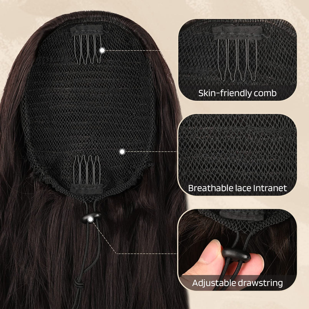 FLUFYMOOZ Ponytail Extension, 26 Inch Drawstring Ponytail Hair Extensions for Women, Long Curly Wavy Ponytail Natural Wavy Synthetic Hairpiece for Women (26 Inch Brown with Auburn)