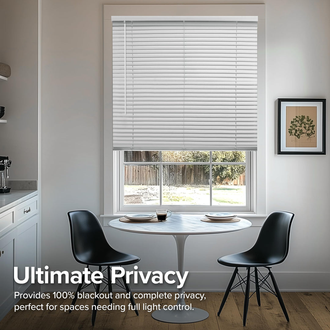 CHICOLOGY Cordless Mini Blinds, 1 Inch Vinyl Window Blinds, Room Darkening & Privacy, Easy Install with Adhesive Brackets, Child Safe, for Windows, Doors & Campers, Midnight White,45" W x 48" H Retail $12.99
