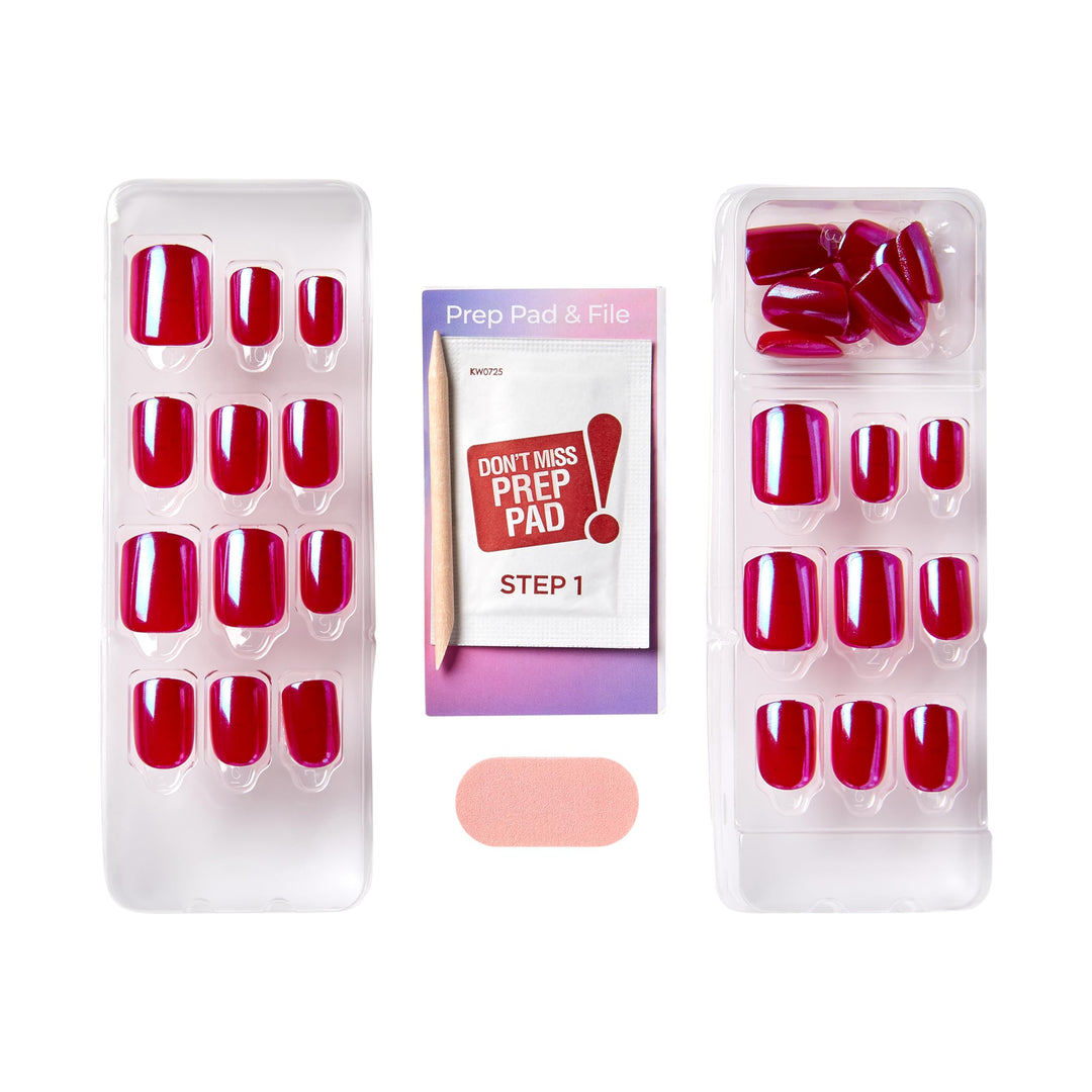 KISS imPRESS No Glue Mani Press On Nails, Color FX, 'This City', Dark Red, Short Size, Squoval Shape, Includes 30 Nails, Prep Pad, Instructions Sheet, 1 Manicure Stick, 1 Mini File