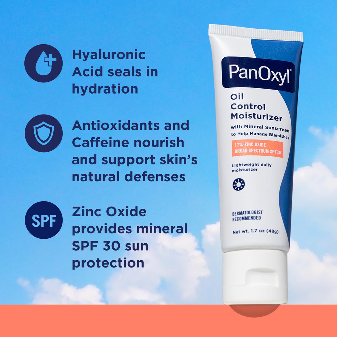 PanOxyl AM Oil Control Moisturizer, NEW Sheer Formula, Absorbs Excess Oil and Reduces Shine, with Mineral Sunscreen for Acne Prone and Oily Skin - SPF 30 - 1.7 oz