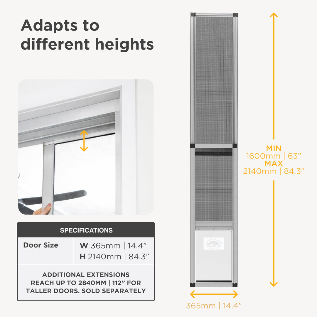 Hakuna Pets V2 Patio Pet Door Screen Insert Panel for Sliding Doors, Fits Door Track Min Ht 62.99" to Max Ht 84.25",UV Resistant Mesh, Locking Magnetic Dog Door, Easy Install and Removal,Large,Silver Retail $134.99