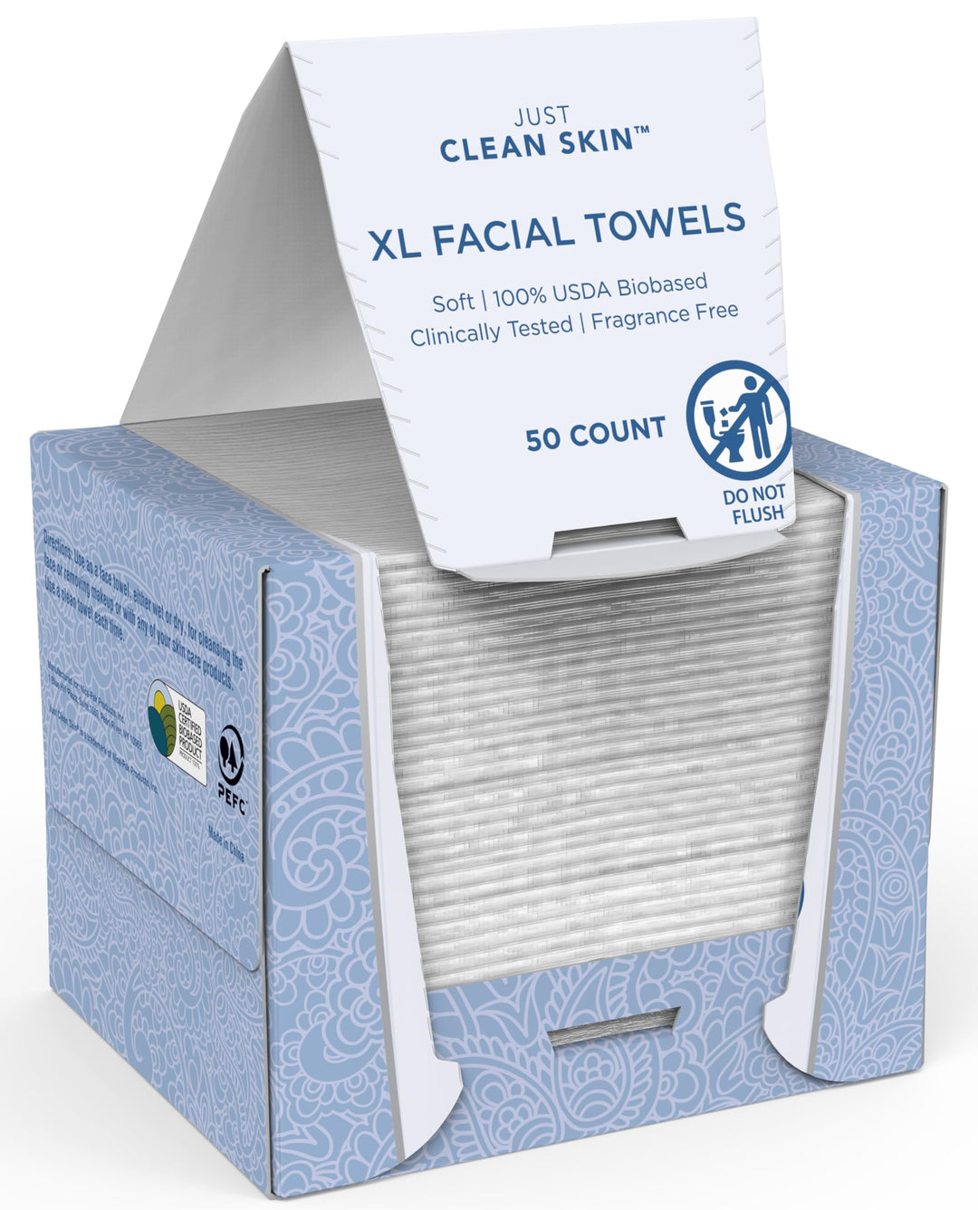 Just Clean Skin Dry Face Towels 50 Count | 10" x 11.5" Extra Large Disposable Dry Wipes | Plant-Based Viscose, 100% USDA Biobased | Makeup Remover Face Wipes | Ultra Soft Towelettes for Sensitive Skin