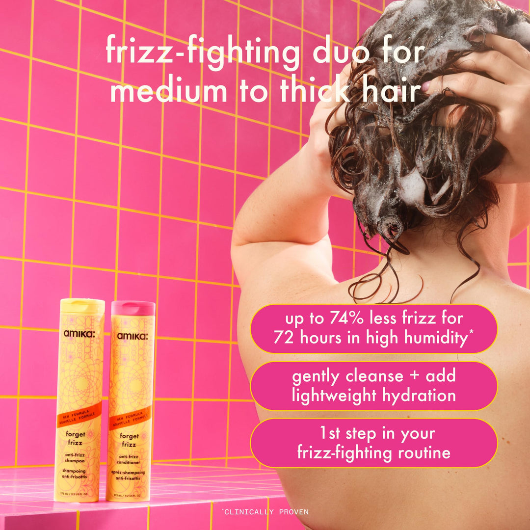 amika forget frizz anti-frizz conditioner, 275ml | smoothing, humidity protection, up to 72 hour frizz control + lightweight hydration, for medium to thick coarse hair types 2a-4c