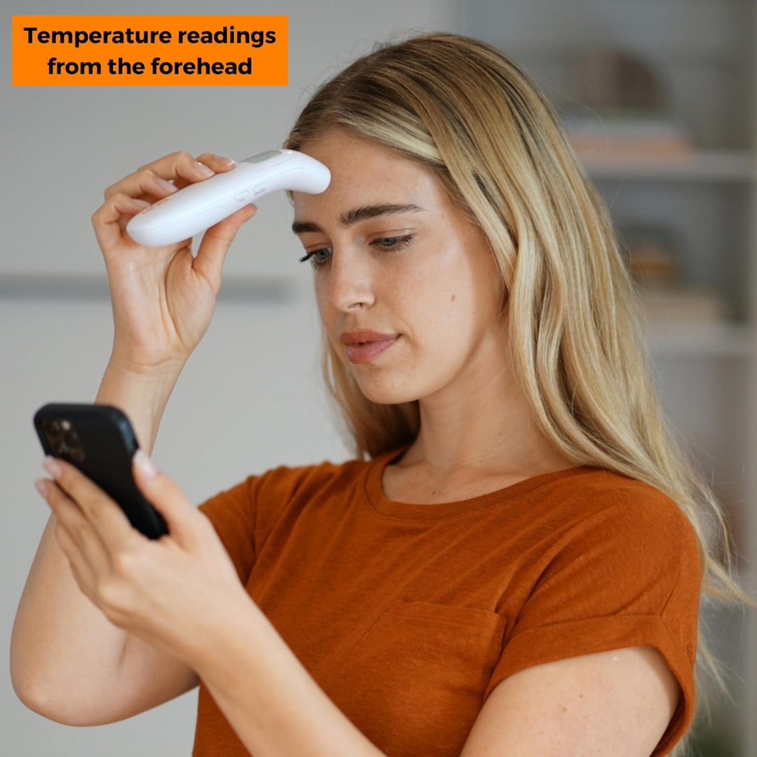MOBI CONNECT Smart DualScan Bluetooth Ear & Forehead Thermometer - Backlit Screen, LED Fever Indicators, Memory Recall of Last 20 Readouts, Farenheit & Celsius Mode, Room Temperate with Date & Time Retail $24.00