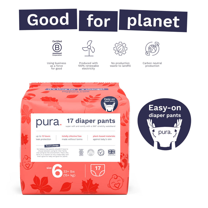 Pura Hypoallergenic Diaper Pants Size 6 (33+ lbs) Overnight, up to 12 Hours Leak Protection, Suitable for Sensitive Skin, Totally Chlorine Free, Soft Organic Cotton, 3 Packs of 17 (51 Pull Up Pants) Retail $39.87