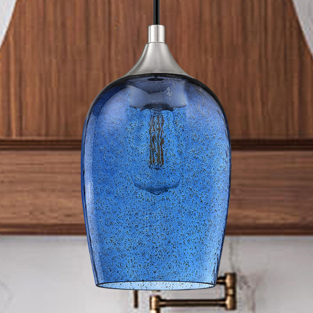 3 Pack 1 Light Hanging Indoor Kitchen Island Pendant Lights 5.1" Hand Blown Black Seeded Ancient Blue Glass Ceiling Light Fixtures Brushed Nickel Finish Modern Farmhouse Dinning Over Sink Retail $96.99