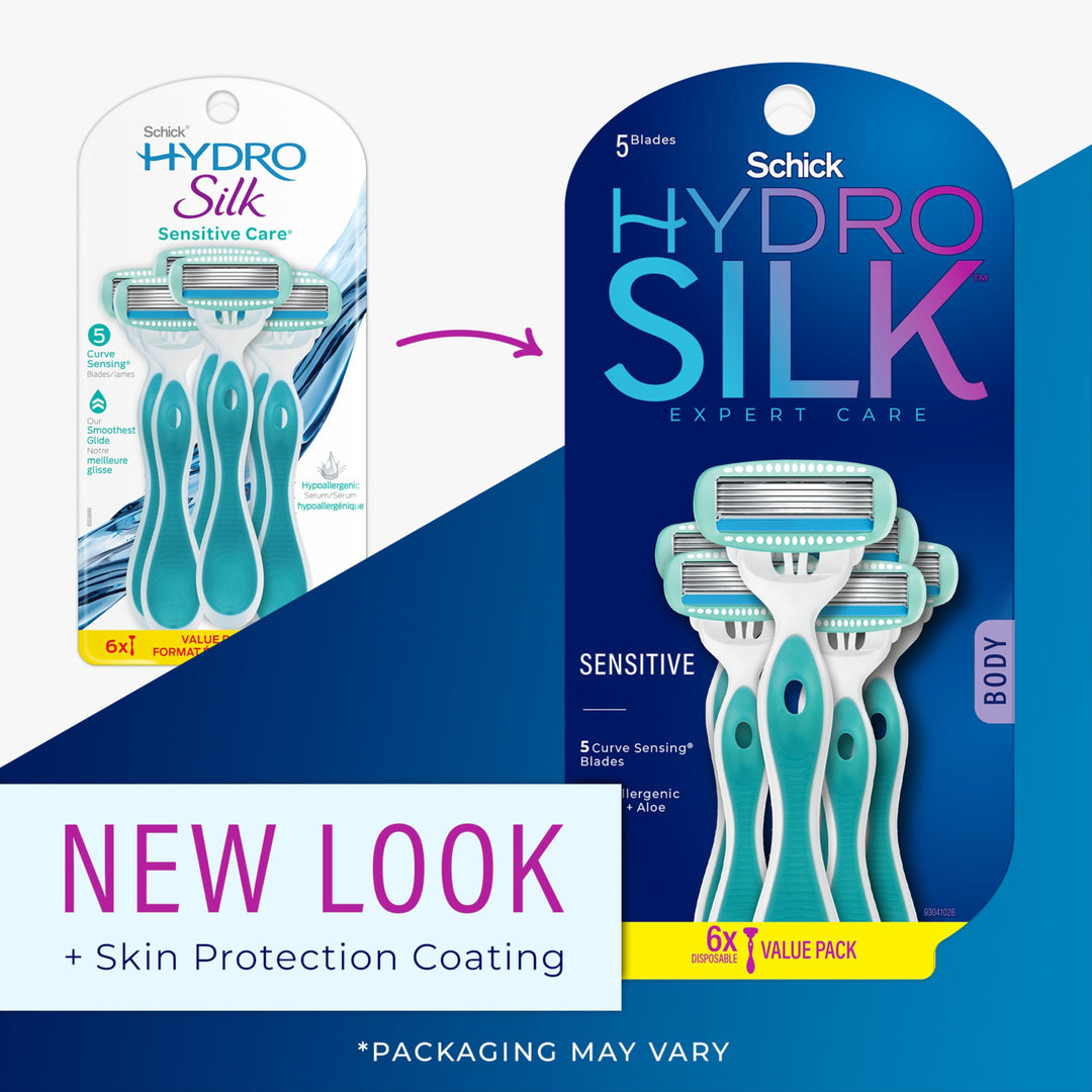 Schick Hydro Silk Sensitive Women's Disposable Razors, 6ct | 5-Blade Disposable Razors for Women Sensitive Skin | Travel Razor for Women