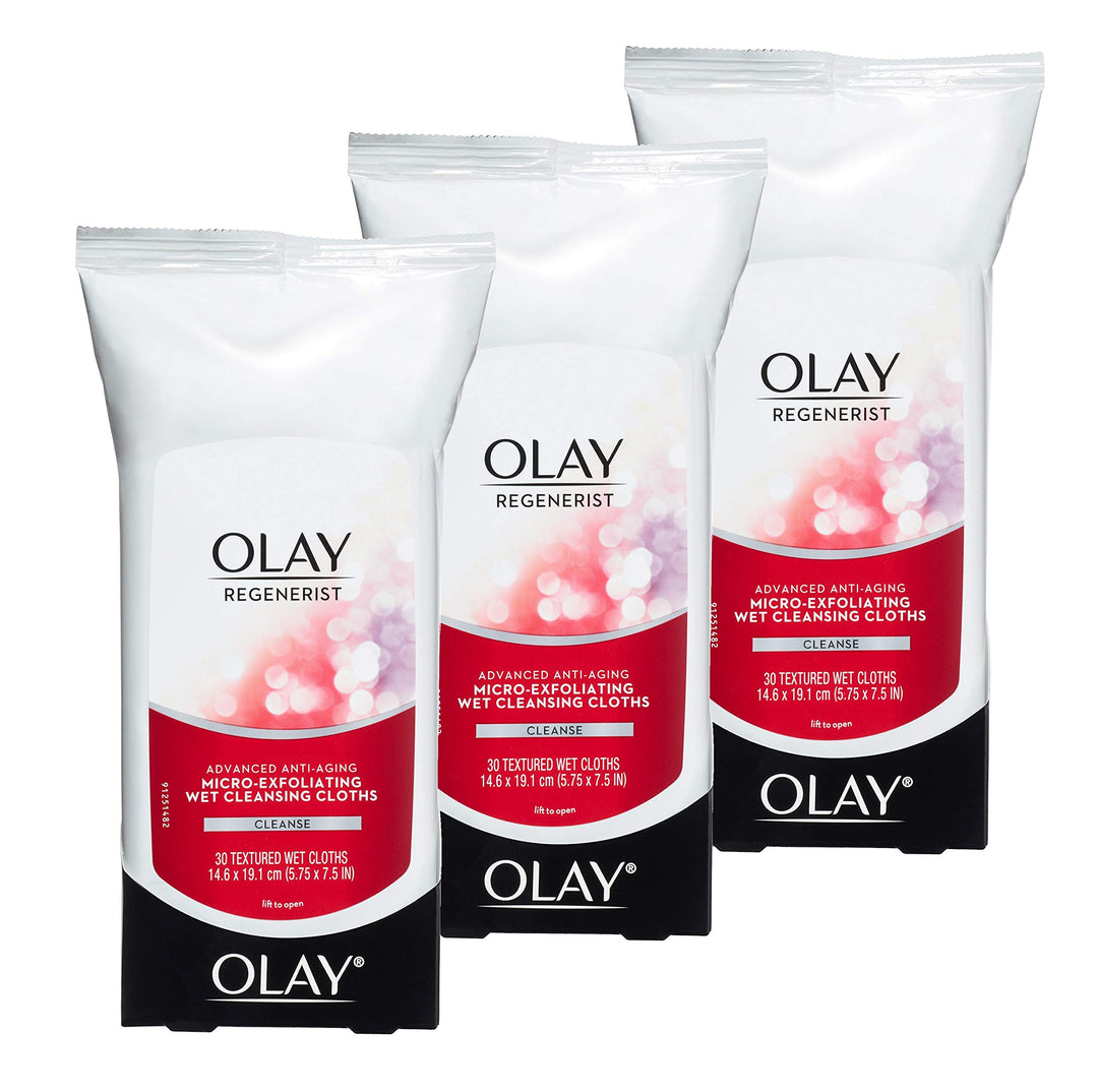 Olay Makeup Remover Wipes, Regenerist Micro-Exfoliating Wet Cleansing Cloths, Facial Cleanser for Women - Exfoliates, Refreshes, Smooths Texture, Travel Approved, 30 ct Retail $7.49