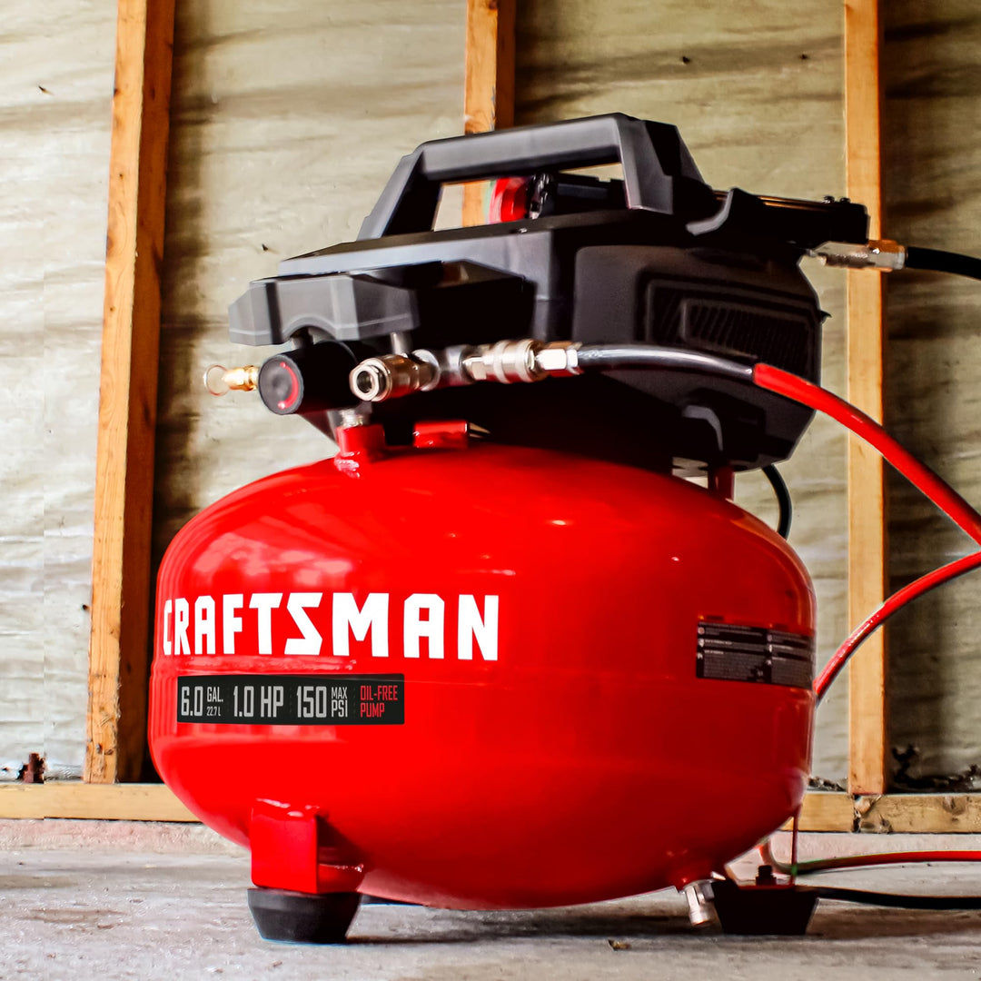 Craftsman Air Compressors 6 Gallon Portable Pancake Air Compressor,Oil Free Max 150 Psi 1.0HP 2.6 CFM@90PSI Electric Air Compressor Shop Air Compressor, CMXECXA02106410 Retail $199.97