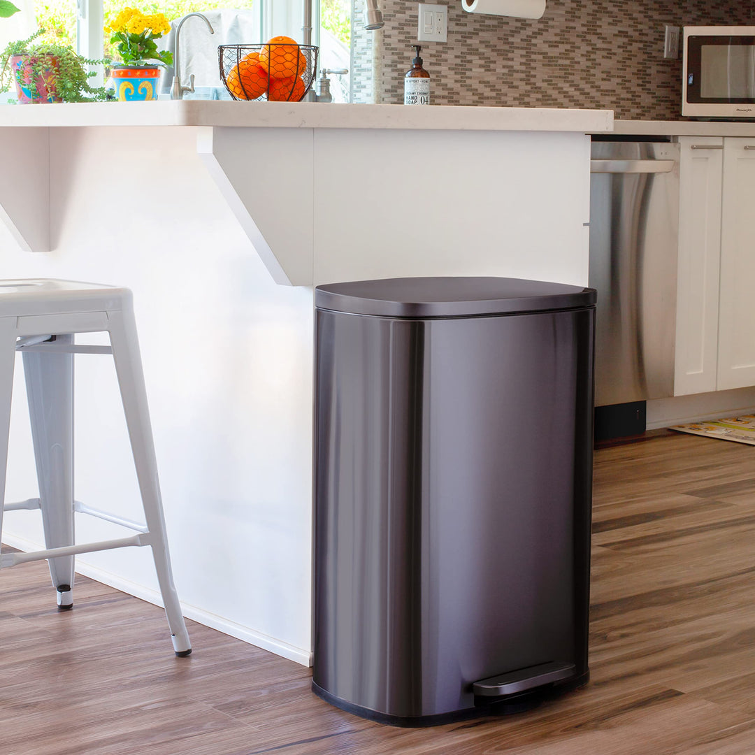 QUALIAZERO 50L/13Gal Heavy Duty Hands-Free Black Stainless Steel Commercial/Kitchen Step Trash Can, Fingerprint-Resistant Soft Close Lid Trashcan, Rectangle Shape (50L Rectangle BSS) Retail $69.98