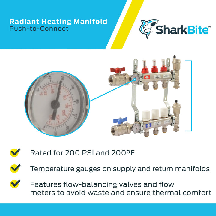 SharkBite 3 Loop Radiant Heating Manifold, Push to Connect Brass Plumbing Fitting, PEX Pipe, PE-RT, 24930
