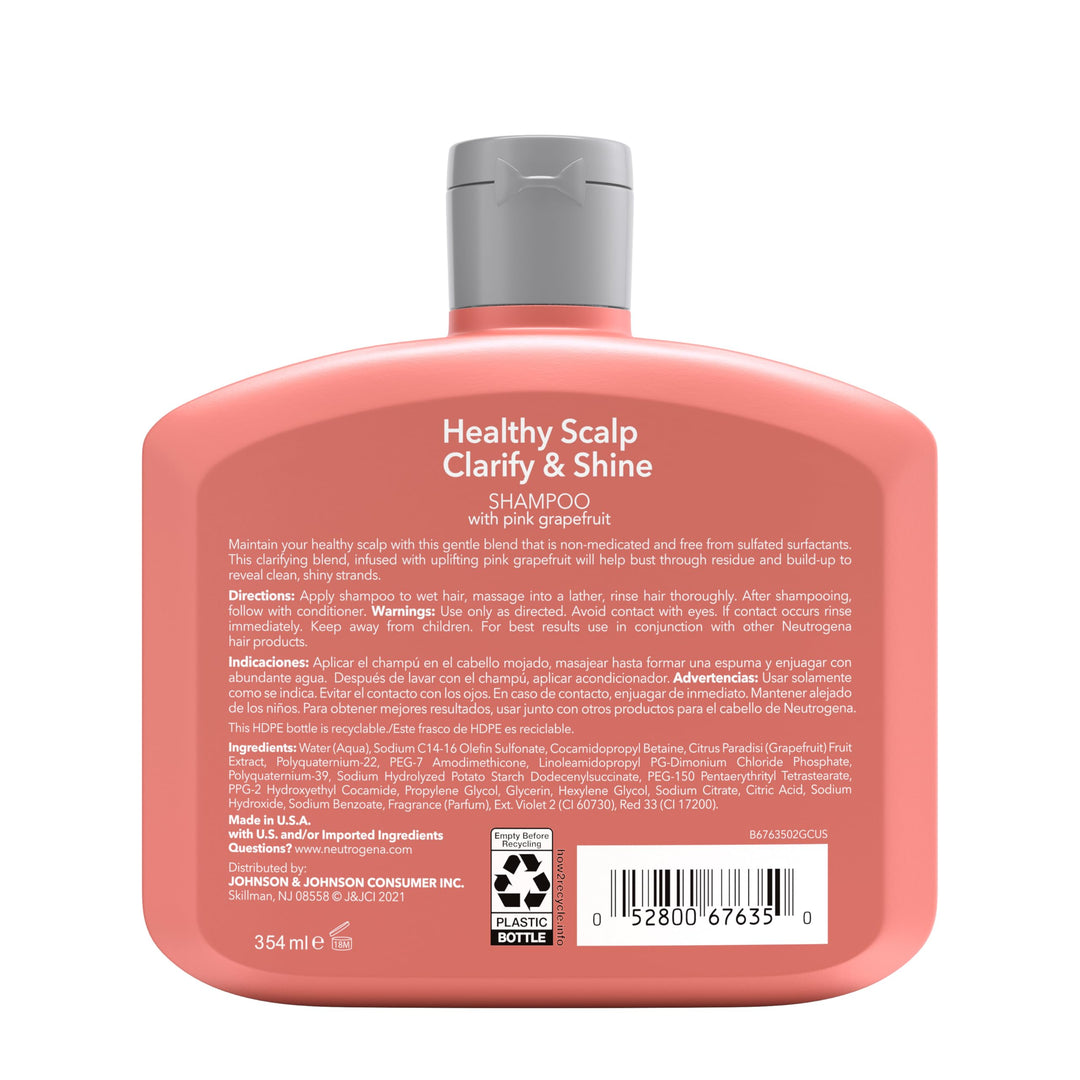 Neutrogena Exfoliating Healthy Scalp Clarifying Shampoo for Oily Hair & Scalp, Pink Grapefruit pH-Balanced Anti-Residue Formula Adds Shine, Sulfate, Paraben & Phthalate-Free, Color-Safe, 12 Fl Oz