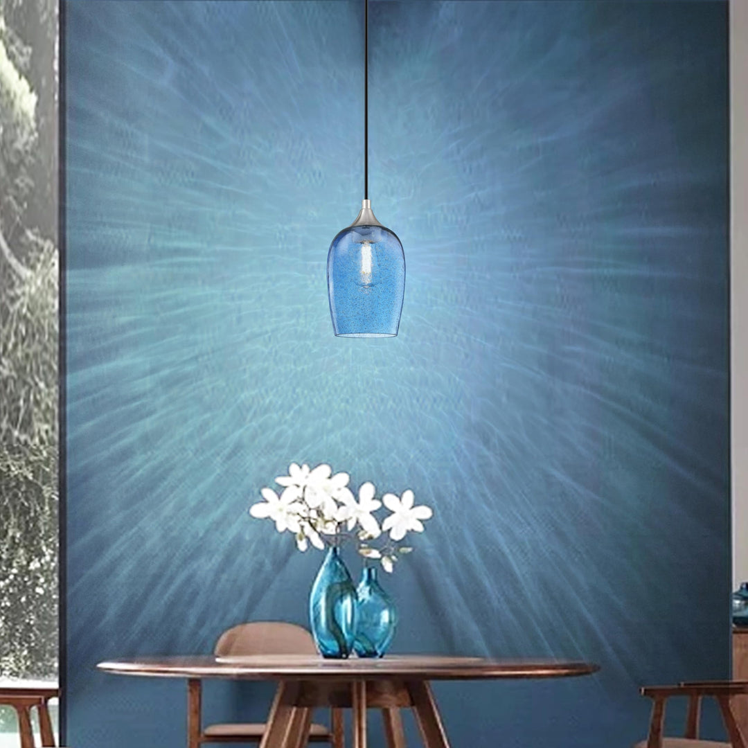 3 Pack 1 Light Hanging Indoor Kitchen Island Pendant Lights 5.1" Hand Blown Black Seeded Ancient Blue Glass Ceiling Light Fixtures Brushed Nickel Finish Modern Farmhouse Dinning Over Sink Retail $96.99