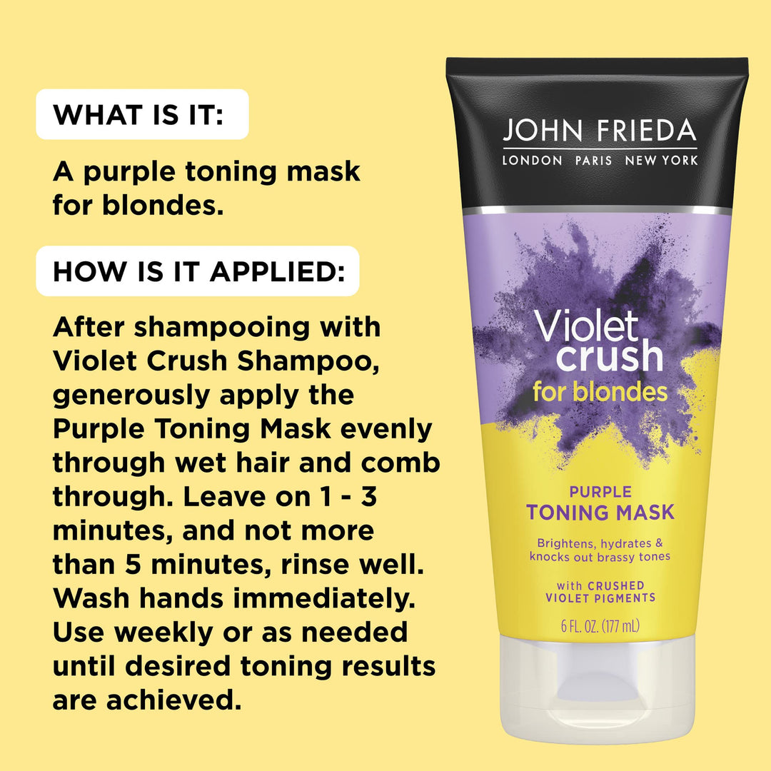 John Frieda Violet Crush Purple Toning Mask, Removes Brassy Tones, Smooths Damaged Hair Cuticles for Cooler, More Luminous, Salon-Fresh Blonde. Safe for Natural and Color-Treated Blonde Hair, 6 Oz