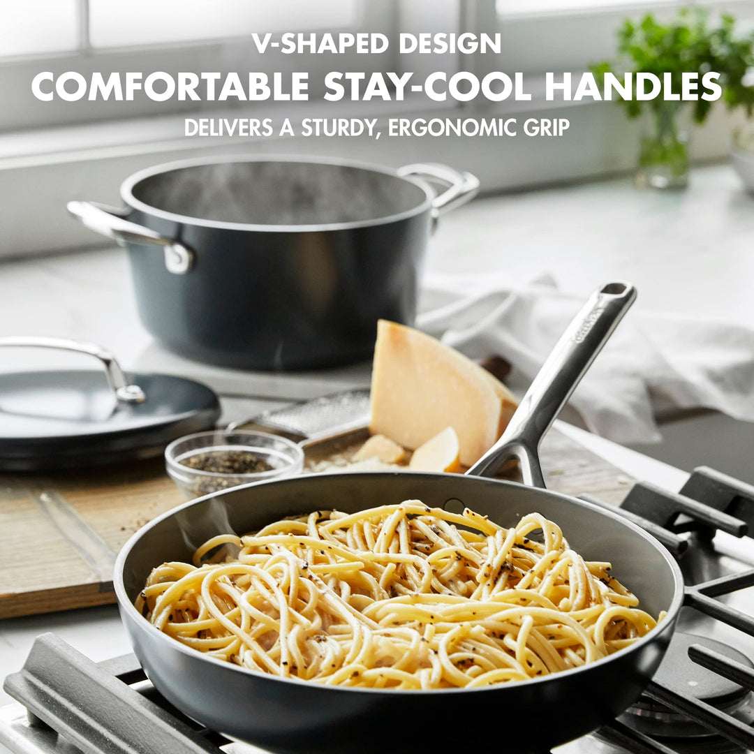 GreenPan GP5 Hard Anodized Healthy Ceramic Nonstick 14 Piece Cookware Pots and Pans Set,Heavy Gauge Scratch Resistant,Stay-Flat Surface, Induction, Mirror Finish Handle,Oven Safe,PFAS-Free,Slate