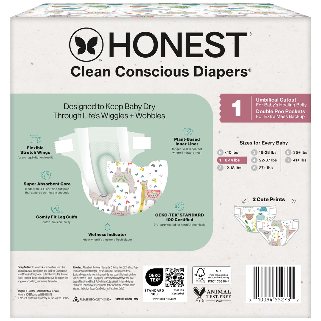 The Honest Company Comfort Dry Disposable Diapers for Sensitive Skin, Hypoallergenic, All The Alpacas + Turtle Time, Club Box Size 1 (8-14 lbs) 78 Count Retail $29.99