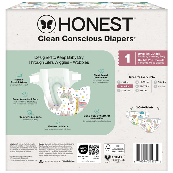 The Honest Company Comfort Dry Disposable Diapers for Sensitive Skin, Hypoallergenic, All The Alpacas + Turtle Time, Club Box Size 1 (8-14 lbs) 78 Count Retail $29.99