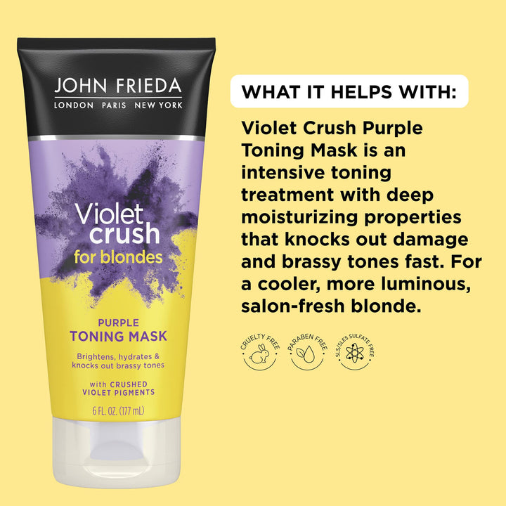 John Frieda Violet Crush Purple Toning Mask, Removes Brassy Tones, Smooths Damaged Hair Cuticles for Cooler, More Luminous, Salon-Fresh Blonde. Safe for Natural and Color-Treated Blonde Hair, 6 Oz