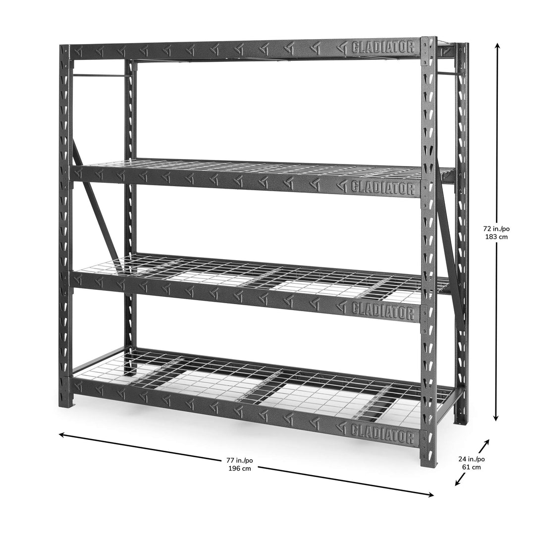 Gladiator 77" Wide Heavy Duty Rack with Four 24" Deep Shelves, Retail $349.99