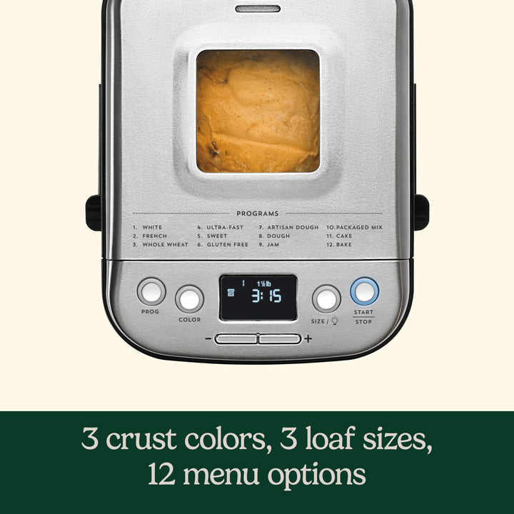 Cuisinart Bread Maker Machine, Stainless Steel Automatic Bread Machine with 12 Menu Options, 3 Loaf Sizes up to 2 Lb., 3 Crust Colors, Removable Nonstick Baking Pan & Kneading Paddle, CBK-110NAS