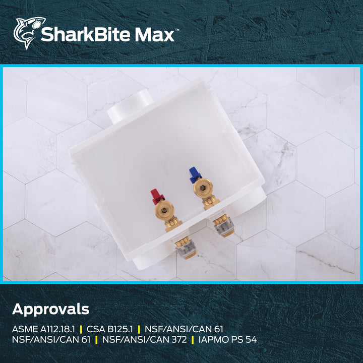 SharkBite 1/2 Inch x 3/4 Inch MHT Washing Machine Outlet Box, Push to Connect Brass Plumbing Fittings, PEX Pipe, Copper, CPVC, 24763 Retail $44.82