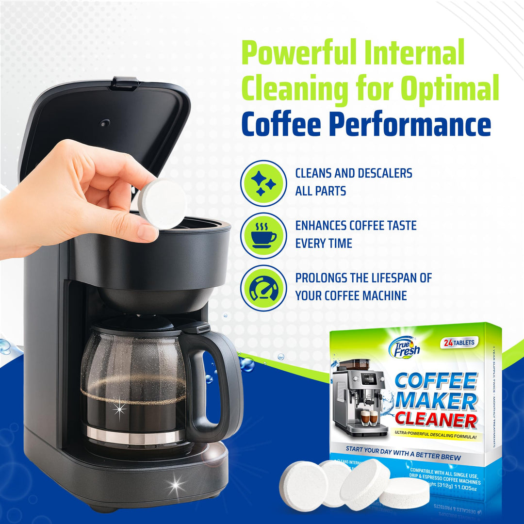 True Fresh Coffee Machine Descaler & Cleaner Tablets - 24 Count, Uses for Keurig, Breville, Miele, Delonghi, Ninja, Nespresso, Coffee Maker Pot cleaning Tabs, Descale Drip Coffee & Espresso Machines