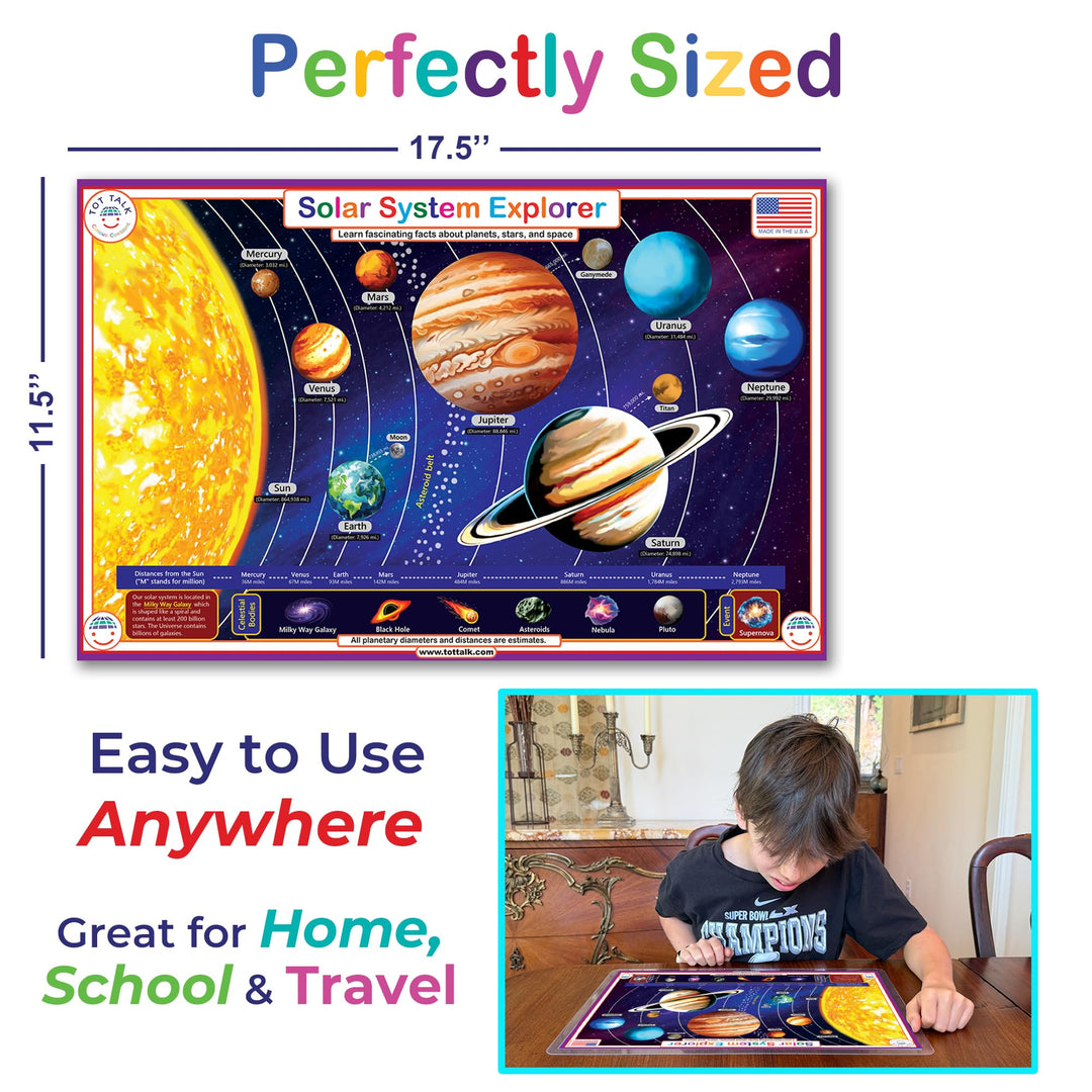 Tot Talk Solar System Explorer Educational Placemat for Kids - Double-Sided, Waterproof, Wipeable - Made in USA - Learn Planet Names and Facts, Front and Back Activities - 11.5" x 17.5" Retail $5.00