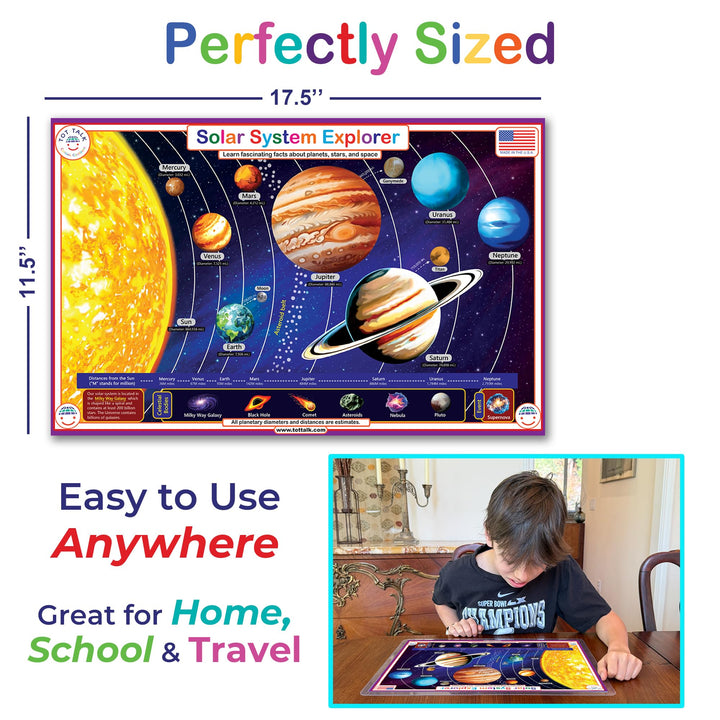 Tot Talk Solar System Explorer Educational Placemat for Kids - Double-Sided, Waterproof, Wipeable - Made in USA - Learn Planet Names and Facts, Front and Back Activities - 11.5" x 17.5" Retail $5.00