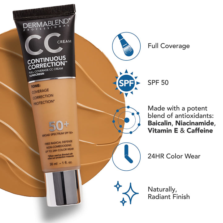 Dermablend Continuous CorrectionÃƒÂ¢Ã¢â‚¬Å¾Ã‚Â¢ Tone-Evening CC Cream Foundation SPF 50+, Full Coverage Foundation Makeup & Color Corrector, Non-Comedogenic , 1 Fl Oz (Pack of 1)