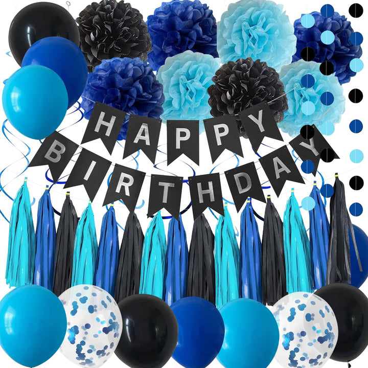 YGBMDZ Black Blue Birthday Party Decorations for Men Boys with Happy Birthday Banner,Hanging Swirls,Tissue Paper Pompoms,Circle Dots Garland,Tassel Garland and Blue Birthday Balloons Retail $14.99