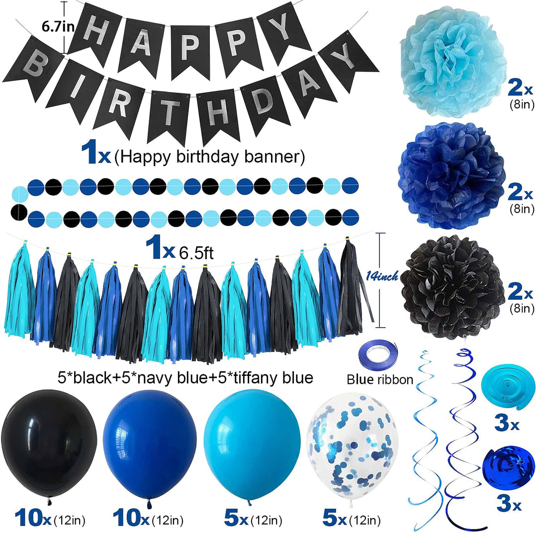 YGBMDZ Black Blue Birthday Party Decorations for Men Boys with Happy Birthday Banner,Hanging Swirls,Tissue Paper Pompoms,Circle Dots Garland,Tassel Garland and Blue Birthday Balloons Retail $14.99