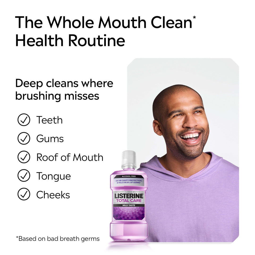 Listerine Total Care Alcohol-Free Anticavity Fluoride Mouthwash, 6 Benefit Oral Rinse to Help Kill 99.9% of Germs That Cause Bad Breath, Strengthen Enamel, Fresh Mint Flavor, 1 L