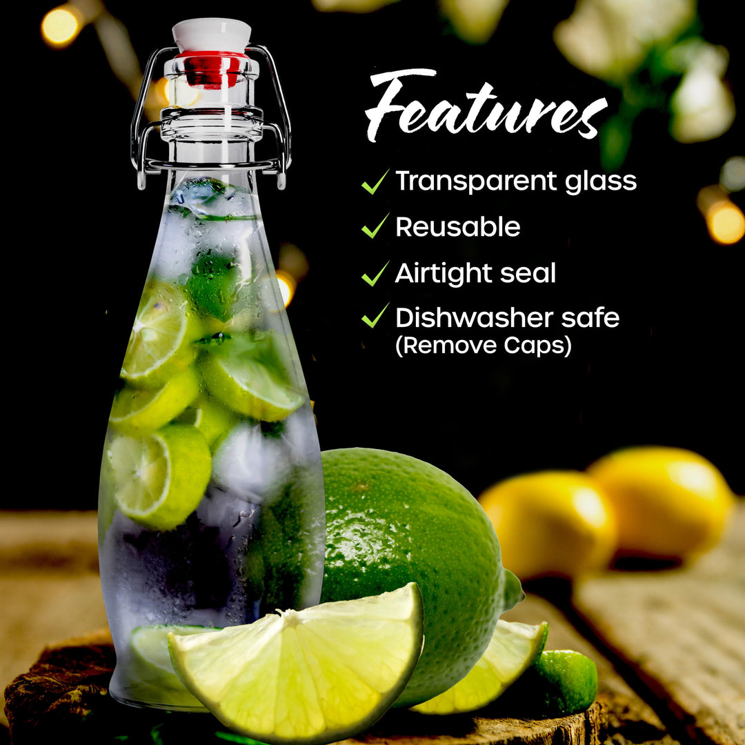 Nevlers 8.5 Oz Teardrop Swing Top Glass Bottles with Lids | Flip Top Glass Bottle with Stopper 12 Pack | 250mL Syrup Bottle | Resealable Bottles with Stoppers for Homemade Drinks, Juices & Beverages