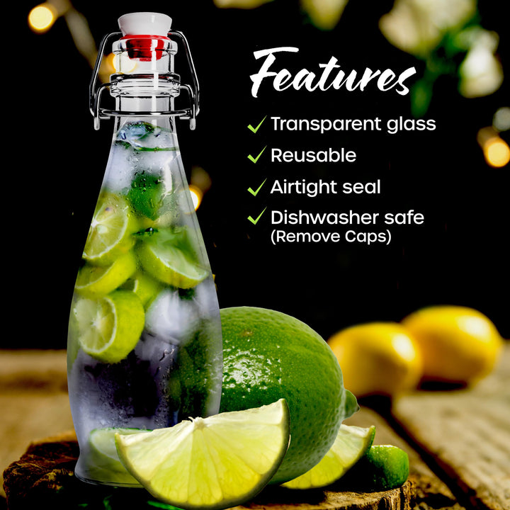 Nevlers 8.5 Oz Teardrop Swing Top Glass Bottles with Lids | Flip Top Glass Bottle with Stopper 12 Pack | 250mL Syrup Bottle | Resealable Bottles with Stoppers for Homemade Drinks, Juices & Beverages