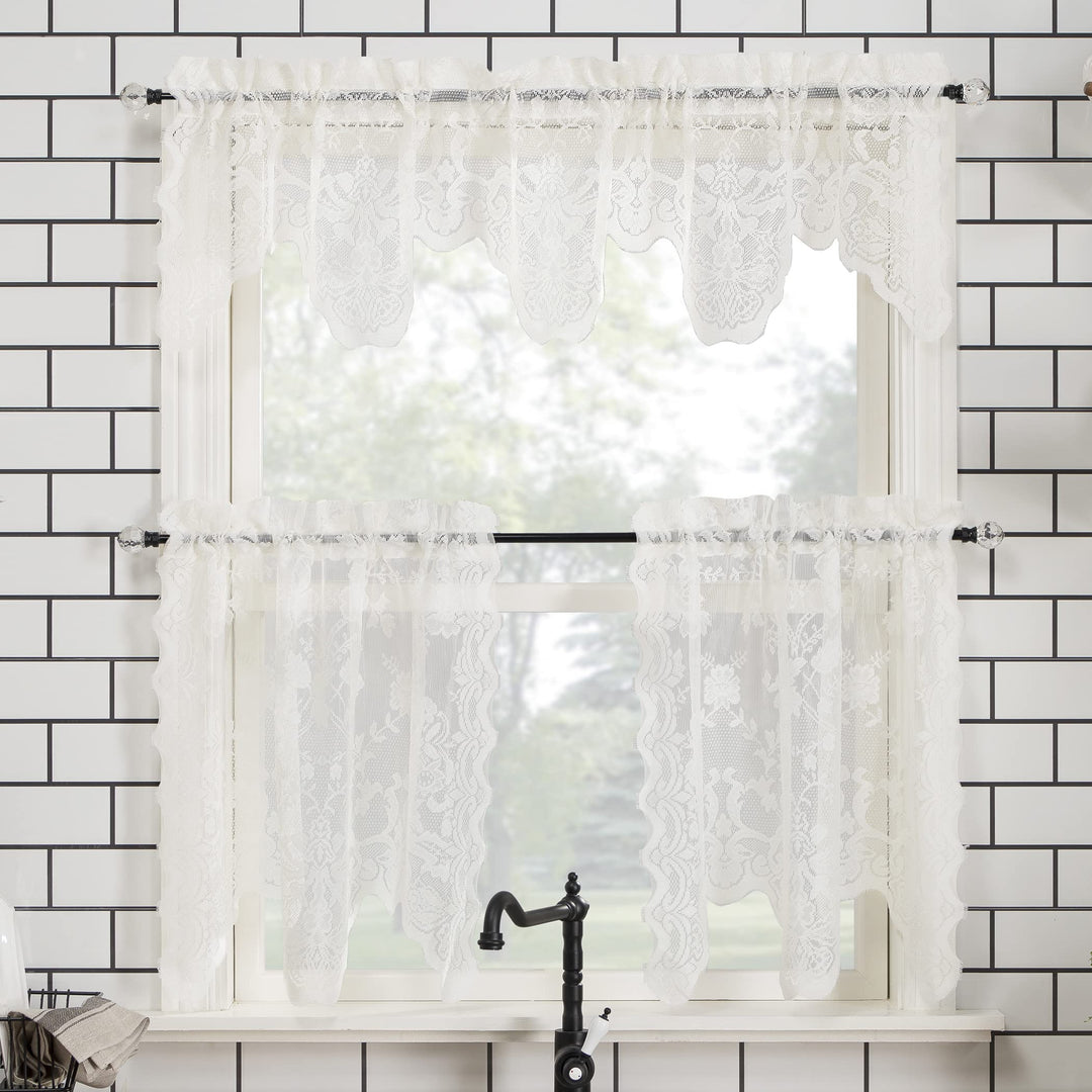 No. 918 Alison Floral Lace Sheer Rod Pocket Kitchen Curtain Tier Pair, 58" x 24", Ivory
