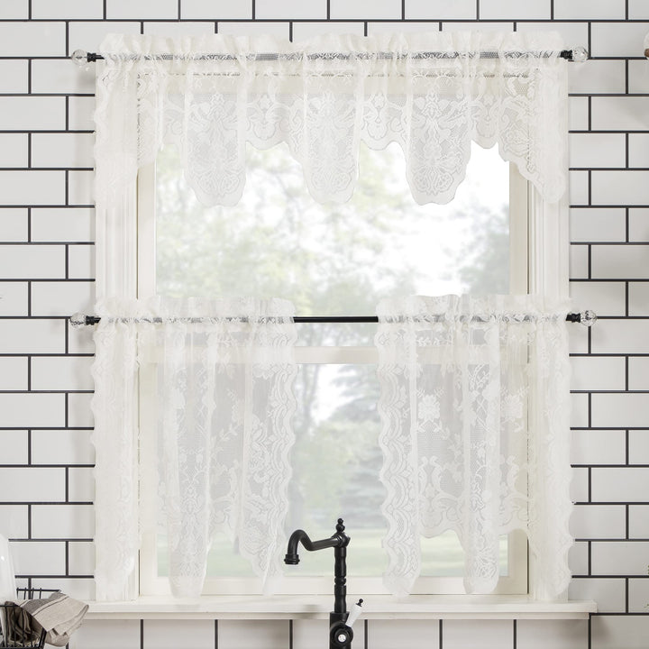 No. 918 Alison Floral Lace Sheer Rod Pocket Kitchen Curtain Tier Pair, 58" x 24", Ivory