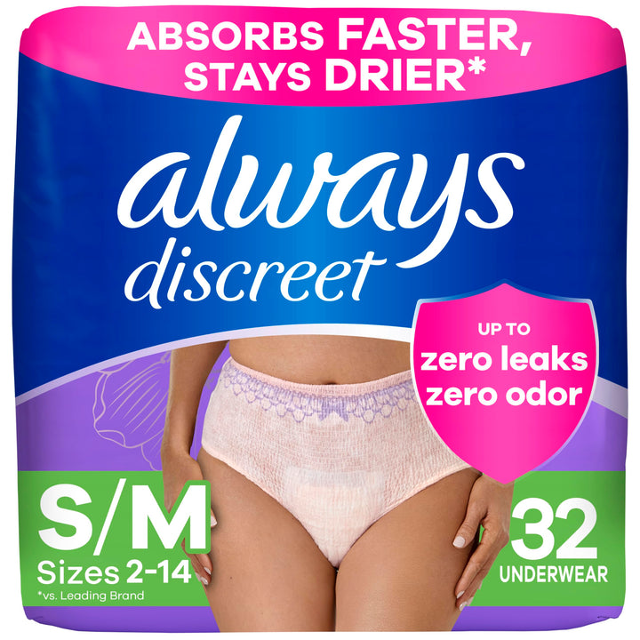 Always Discreet Adult Incontinence Underwear for Women and Postpartum Underwear, Small/Medium, Up to 100% Bladder Leak Protection, 32 Count