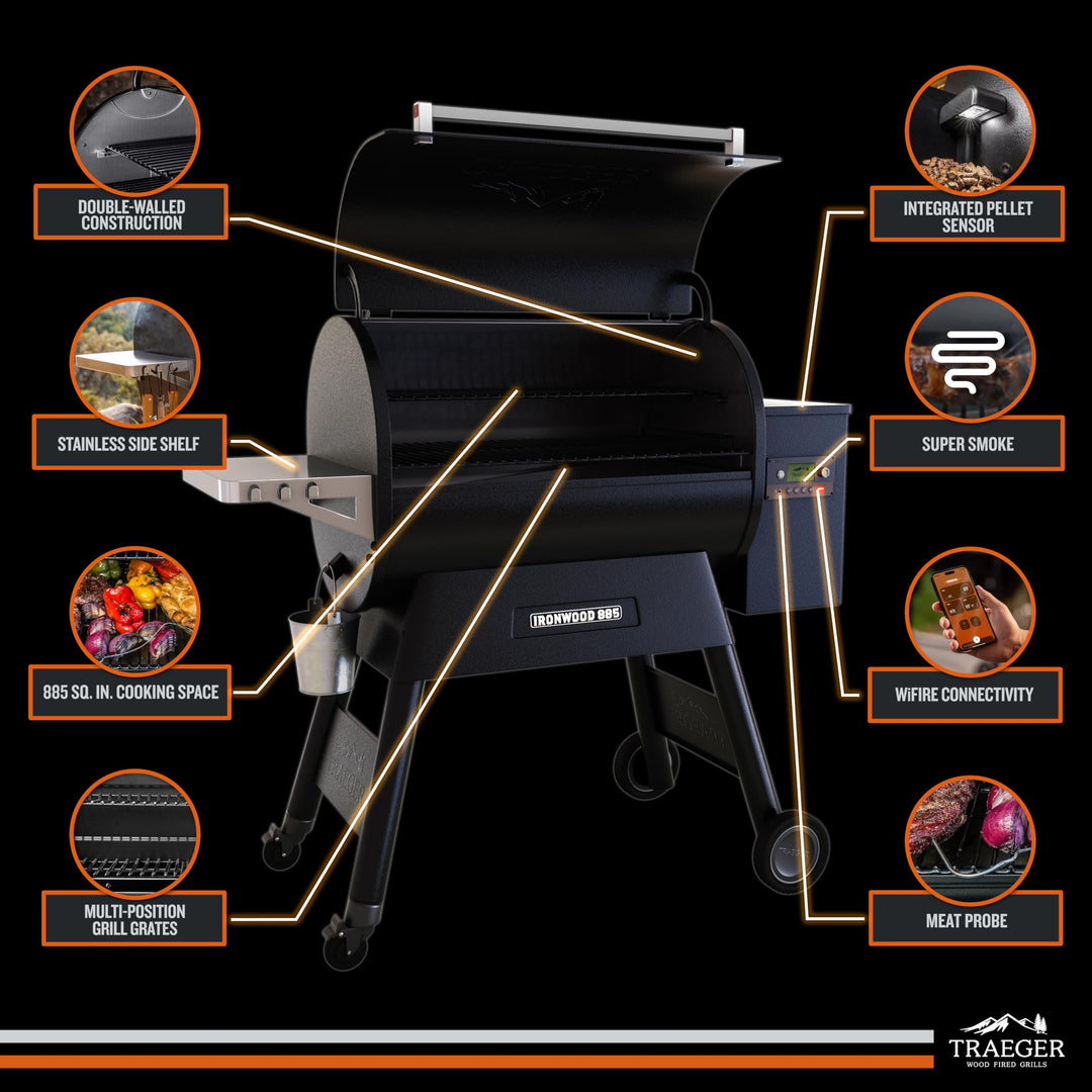 Traeger Ironwood 885 Wood Pellet Grill and Smoker, WiFi Pellet Smoker Grill with Super Smoke Mode, D2 Controller, Large 885 sq. in. Cooking Area, Outdoor BBQ Electric Pellet Smoker, TFB89BLFC