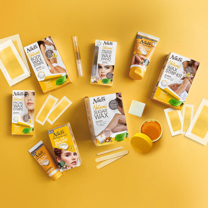 Nad's 100% Natural Sugar Wax Kit, Vegan, Hypoallergenic, No-heat Formula Waxing Sugar Paste, Includes 6 Wooden Spatulas, 10 Reusable 100% Cotton Strips, 1 Pre-wax Cleansing Soap & Sugar Wax 6oz