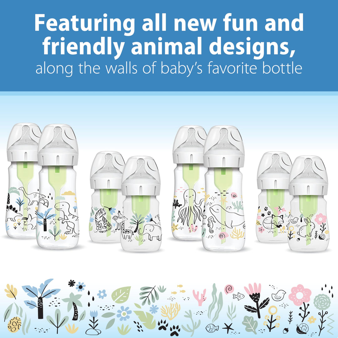 Dr. Brown's Anti-Colic Options+ Wide-Neck Baby Bottle Designer Edition Bottles, Jungle Decos, 5 oz/150 mL, Level 1 Nipple, 0m+, 2-Pack