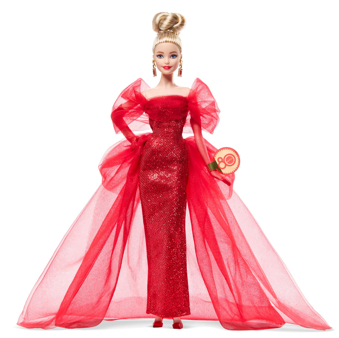 Barbie Signature Doll, Mattel 80th Anniversary Collectible in Glittery Red Tulle Gown with Drop Earrings and Sheer Gloves, Blonde Hair Retail $64.80