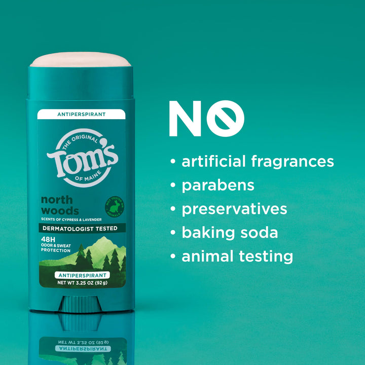 TomÃ¢â‚¬â„¢s of Maine North Woods Antiperspirant for Men and Women, No Artificial Fragrances, Dyes, or Preservatives, Baking Soda Free, 48-Hour Odor and Sweat Protection, 3.25 oz
