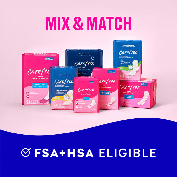 Carefree Panty Liners for Women, Regular, Wrapped, Unscented, 54ct | Pantiliners, Carefree Liners, Daily Liners for Women, Light Periods and Leaks, 8-Hour Odor Control | 54ct (Packaging May Vary)
